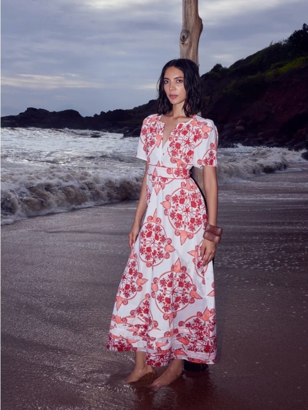 Beyond by Vera Suzi Midi Dress Red White Coastal Print Size L Cotton EUC